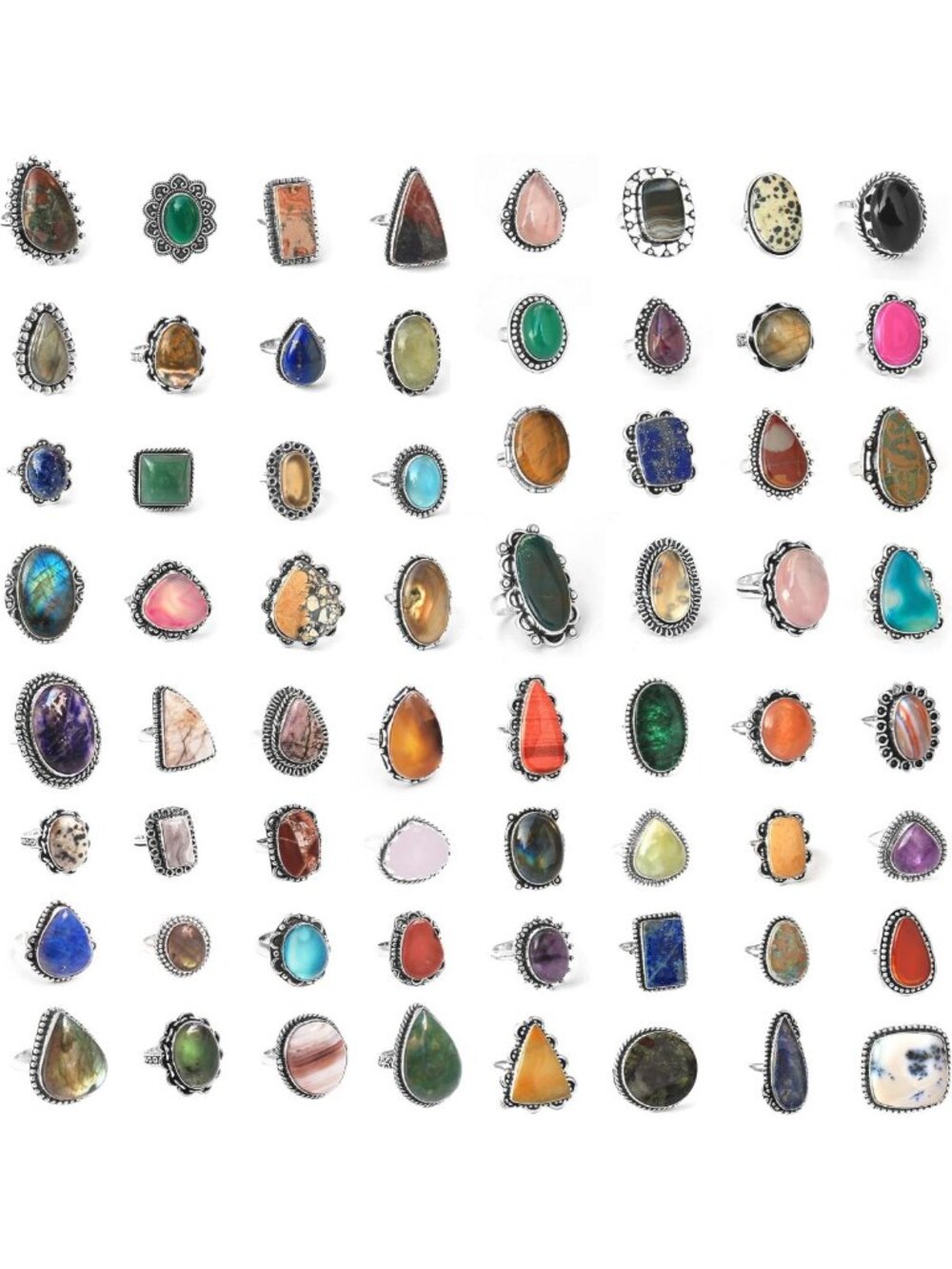 Chunky Silver Stackable Rings Set - 20 Pcs Vintage Gemstone Knuckle Fashion